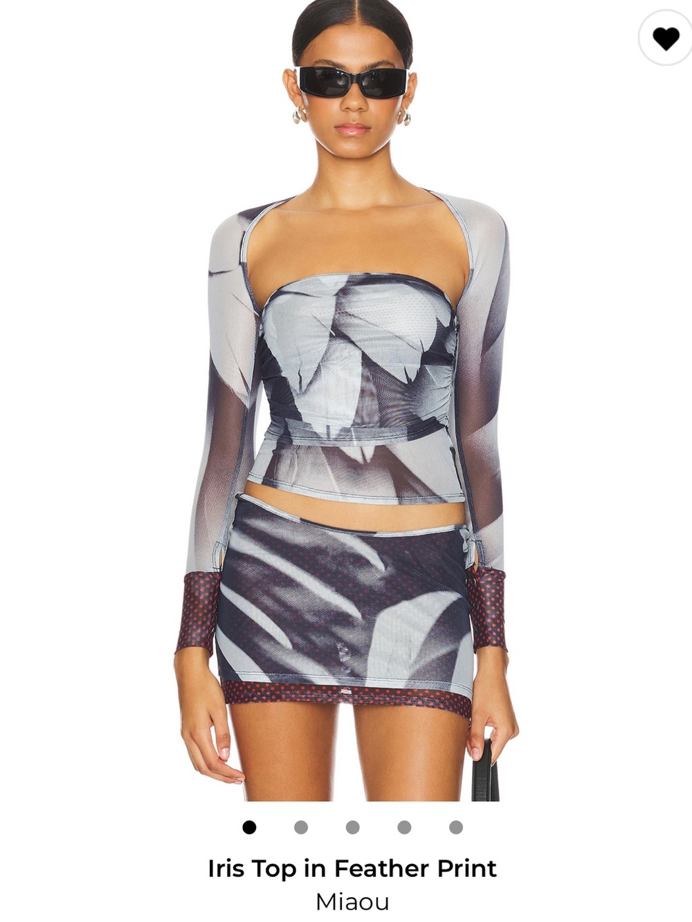 Miaou Feather-Print Strapless Bust Top with Sheer Long Sleeves - Black, Gray